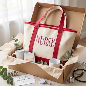 Könnte beinhalten: Eine Geschenkbox mit einer cremefarbenen Tragetasche mit roten Verzierungen und Griffen, bestickt mit dem Wort "NURSE". Die Box enthält auch zwei weiße Tassen, einen Notizblock, ein Stethoskop und eine Karte mit "Thank you for your care."
