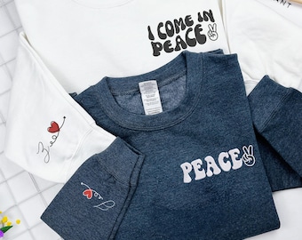 Embroidered Matching Couple Hoodies, I Come In Peace Sweatshirt Set, Minimalist His & Hers Outfit, Anniversary Gift for Couples