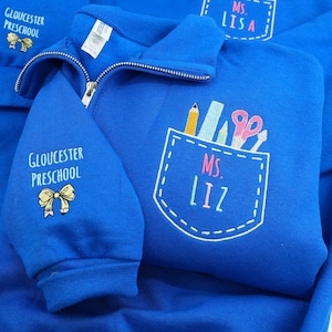 Pocket Personalized Teacher Name Embroidered Quarter-Zip Sweatshirt, Back To School Quarter Zip, Teachers Day Gift, New Teacher Gift