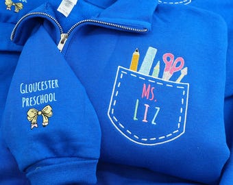 Pocket Personalized Teacher Name Embroidered Quarter-Zip Sweatshirt, Back To School Quarter Zip, Teachers Day Gift, New Teacher Gift