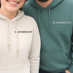 Personalized Roman Numeral Embroidered Sweatshirt, Minimalist Matching Couple Hoodie, Anniversary or Valentine Gift for Him