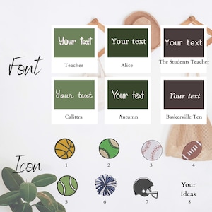 Puede incluir: Un gr&aacute;fico que muestra opciones de fuentes e iconos para la personalizaci&oacute;n. Las opciones de fuente incluyen Teacher, Alice y Baskerville Ten. Las opciones de iconos incluyen una pelota de baloncesto, una pelota de tenis, una pelota de b&eacute;isbol y un bal&oacute;n de f&uacute;tbol americano.