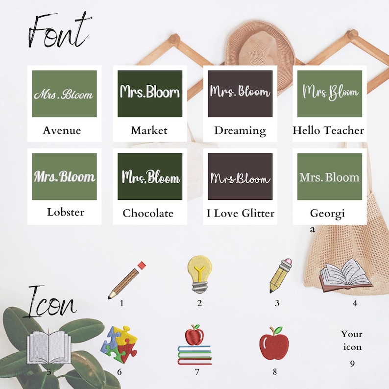 Może przedstawiać: Obraz przedstawiający style czcionek i ikony. Sekcja "Font" wyświetla "Mrs. Bloom" w r&oacute;żnych czcionkach: Avenue, Market, Dreaming, Hello Teacher, Lobster, Chocolate, I Love Glitter i Georgi. Sekcja "Icon" zawiera oł&oacute;wek, żar&oacute;wkę, jabłko i inne ikony.