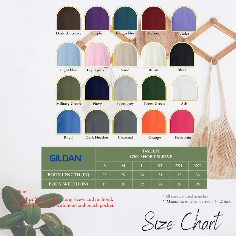 Puede incluir: Una carta de colores para camisetas de manga corta Gildan G500, con colores como chocolate oscuro, morado y azul &iacute;ndigo. La tabla de tallas muestra la longitud y el ancho del cuerpo en pulgadas, de la S a la 3XL. El texto "Size Chart" est&aacute; en la parte inferior.