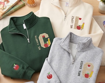 Embroidered Teacher Initial Quarter Zip Sweatshirt, Personalized Name Quarter Zip, Back to School Teacher Gift