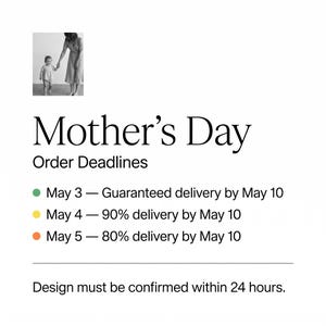 Może przedstawiać: Obraz z tekstem "Mother's Day" i "Order Deadlines". Wymienia terminy dostaw: 3, 4 i 5 maja, z datami dostaw do 10 maja. Projekt musi zostać potwierdzony w ciągu 24 godzin. Małe czarno-białe zdjęcie matki i dziecka znajduje się w lewym g&oacute;rnym rogu.
