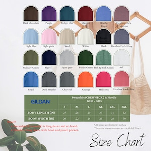 Puede incluir: Una tabla de colores para sudaderas y sudaderas con capucha Gildan, con una variedad de colores como morado, naranja y azul marino. La tabla incluye una gu&iacute;a de tallas con medidas de largo y ancho del cuerpo en pulgadas, de la S a la 3XL.