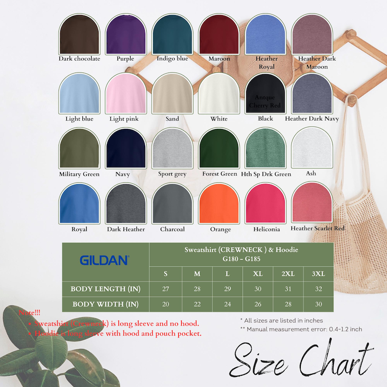 Puede incluir: Una tabla de colores para sudaderas y sudaderas con capucha Gildan, con una variedad de colores como morado, naranja y azul marino. La tabla incluye una gu&iacute;a de tallas con medidas de largo y ancho del cuerpo en pulgadas, de la S a la 3XL.