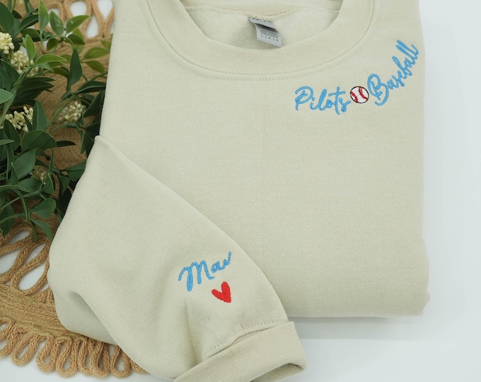 Custom Embroidered Pilots Baseball Neckline Sweatshirt, Custom Any Text on Neckline, Personalized Baseball Team Hoodie, Game Day Baseball