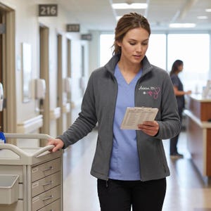 May include: A grey fleece zip-up jacket with the name "Aniston, RN" and a pink stethoscope design embroidered on the chest. The jacket is worn over a light blue scrub top. The person is holding a clipboard in a hospital setting.