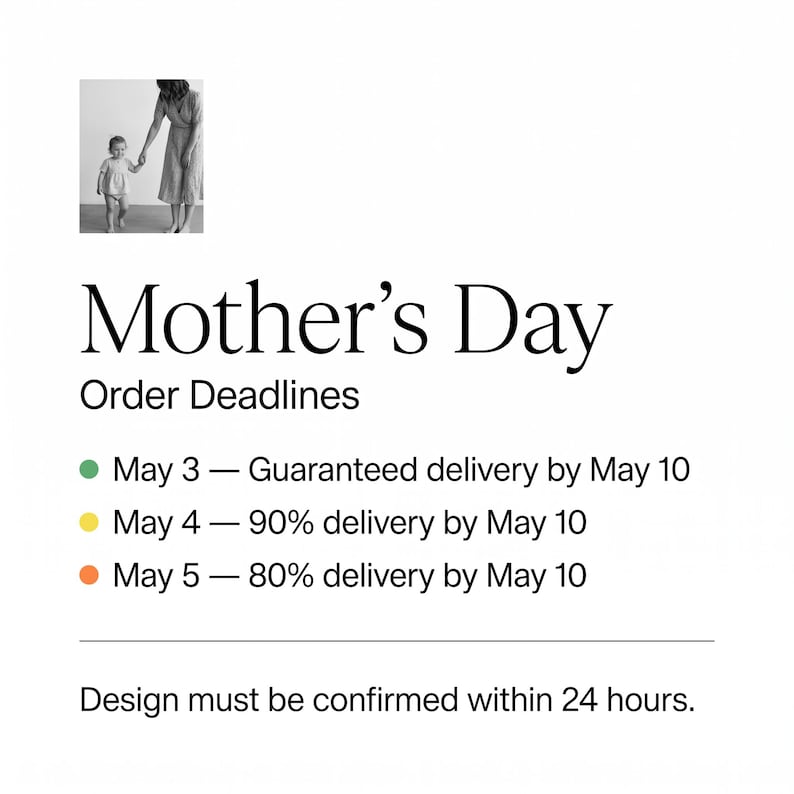 Puede incluir: Imagen con el texto "Mother's Day" y "Order Deadlines". Incluye fechas de entrega garantizada para el 10 de mayo, con plazos del 3, 4 y 5 de mayo. El dise&ntilde;o debe confirmarse en 24 horas. Una peque&ntilde;a foto de una madre y un ni&ntilde;o est&aacute; en la esquina superior izquierda.