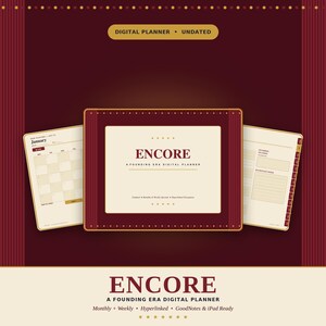 以下が含まれることがあります： Encore A Founding Era Digital Plannerというタイトルのデジタルプランナー。濃い赤色の表紙とクリーム色のページが特徴です。月間および週間のスプレッド、ハイパーリンクナビゲーションを備え、GoodNotesおよびiPadデバイスで使用できるように設計されています。