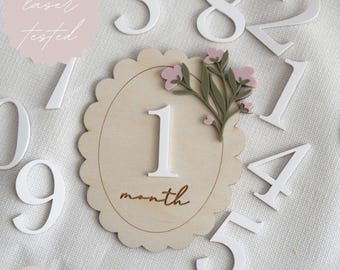 Floral Baby Monthly Milestone Sign SVG, Laser Cutting File, Flower Baby Sign SVG, Double sided Baby Monthly Photo Prop, Laser Cut File