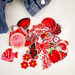 Set of 23 Cartoon Red Series Embroidered Patches, Chili Watermelon Strawberry Pomegranate Fish Letter Iron On Appliques for Clothes Bags