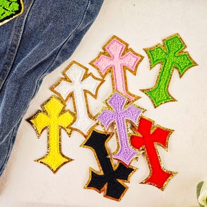 Colorful Cross Chenille Patch with Gold Edge, DIY Iron-On Sew Applique for Jackets, Backpacks, Hats, Clothing Decoration