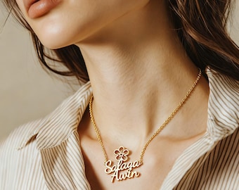 Personalized 18K Gold Plated Name Necklace: Sterling Silver Floral Jewelry, Custom Name Necklace, Birthday's Gift, Gift for women