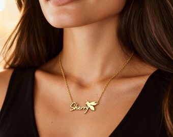 Insect Necklace, Gold Plated Stainless Steel Pendant, Custom Name Necklace, Gold Plated Jewelry, Personalized Name Necklace, Bee Necklace
