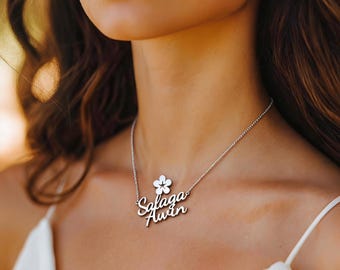 Custom Sterling Silver Flower Name Necklace, Personalized 18K Gold Plated, Minimalist Name Necklace, Christmas Gift, Custom flower Necklace