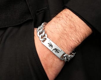 Personalized laser engraving, Customized eye photo bracelet, Stainless Steel curved plaque bracelet, Creative gift