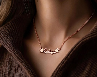 Custom Name Necklace, 18K Gold Plated Name Necklace, Personalized Name Necklace, Special gift, Leaf necklace, Gift necklace