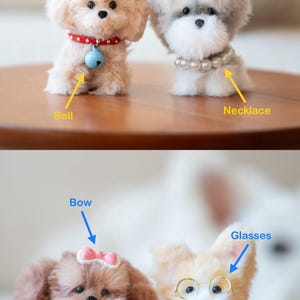 May include: Four plush toy dogs are displayed on a wooden surface. Two dogs have bells and necklaces, while the other two have bows and glasses. The dogs are various shades of brown, beige, and gray, with fluffy fur.