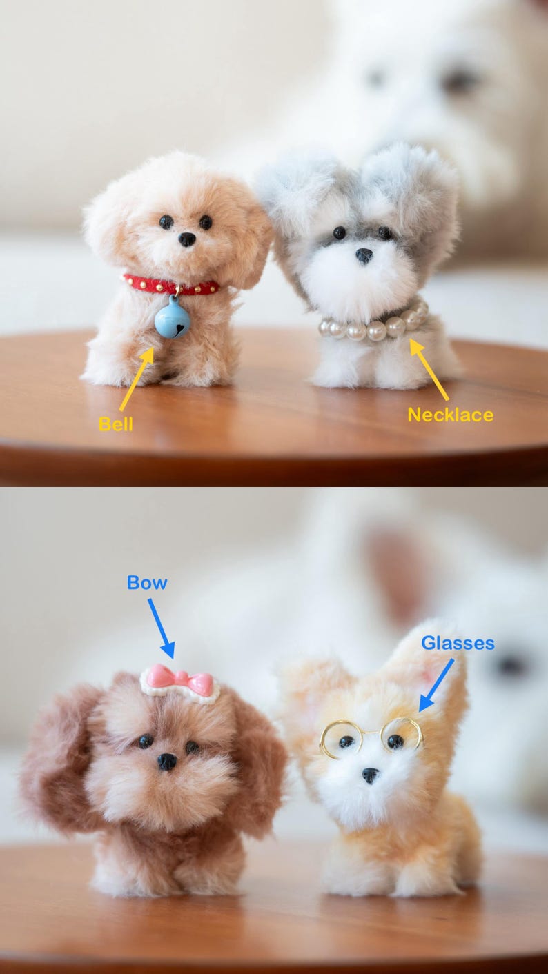 May include: Four plush toy dogs are displayed on a wooden surface. Two dogs have bells and necklaces, while the other two have bows and glasses. The dogs are various shades of brown, beige, and gray, with fluffy fur.