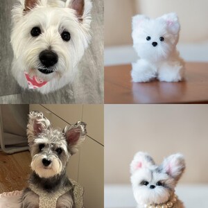 May include: A collage featuring two real dogs and two plush toy dogs. The real dogs are a white West Highland Terrier and a gray Schnauzer. The plush toys are white and gray, resembling the real dogs. One plush toy has a pearl necklace.