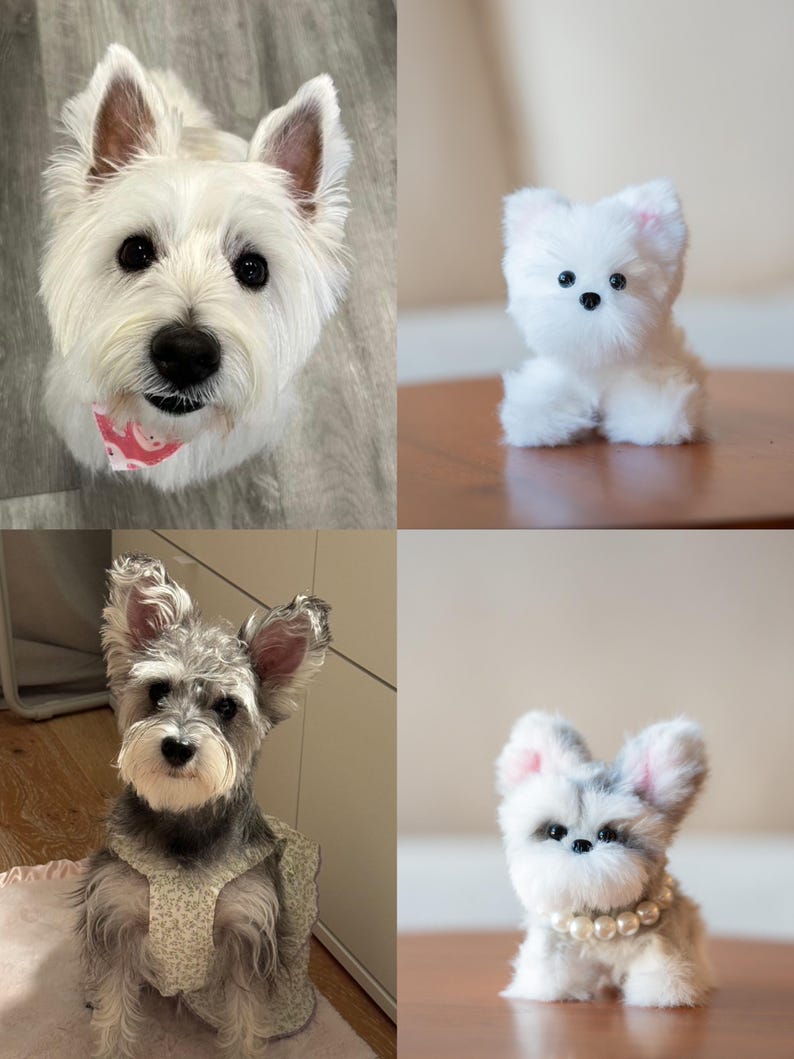 May include: A collage featuring two real dogs and two plush toy dogs. The real dogs are a white West Highland Terrier and a gray Schnauzer. The plush toys are white and gray, resembling the real dogs. One plush toy has a pearl necklace.