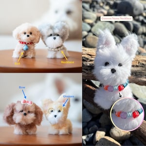 May include: A collection of plush dog figurines, each with unique accessories. One has a red collar with a bell, another a pearl necklace, a third a pink bow, and the last a pair of glasses. A white dog wears a custom name necklace.