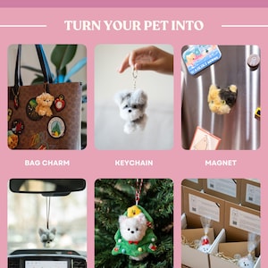 May include: An advertisement showcasing various pet-themed products. Featured items include a bag charm, keychain, magnet, car air freshener, and ornament. The products are small, plush animal figures, perfect for gifting.