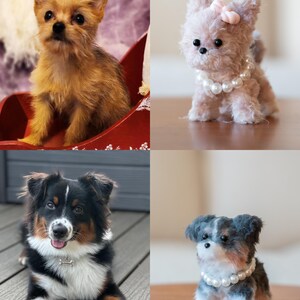 May include: A collection of four dog images. One is a live Yorkshire Terrier puppy in a red sleigh. Another is a plush toy dog with a pearl necklace and pink bow. The third is a live Australian Shepherd. The fourth is a plush toy dog with a pearl necklace.