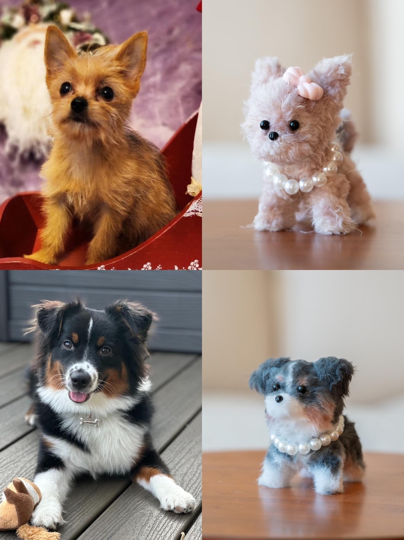 May include: A collection of four dog images. One is a live Yorkshire Terrier puppy in a red sleigh. Another is a plush toy dog with a pearl necklace and pink bow. The third is a live Australian Shepherd. The fourth is a plush toy dog with a pearl necklace.