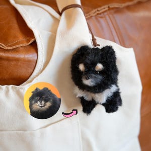 May include: A black and tan Pomeranian dog charm with a brown leather loop, hanging from a cream-colored tote bag. The charm has a fluffy texture and is detailed with small eyes and a nose. A circular image of the dog is also visible.