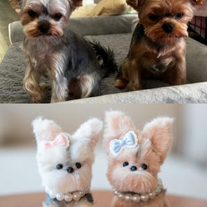 May include: Two Yorkshire Terrier dogs, one gray and black, the other brown and black, sit side-by-side. Below, two plush toy Yorkies are displayed, one white and gray, the other tan, each with a bow and pearl necklace.