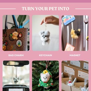May include: An advertisement showcasing various pet-themed products. Featured items include a bag charm, keychain, magnet, car air freshener, and ornament. The products are small, plush animal figures, perfect for gifting.