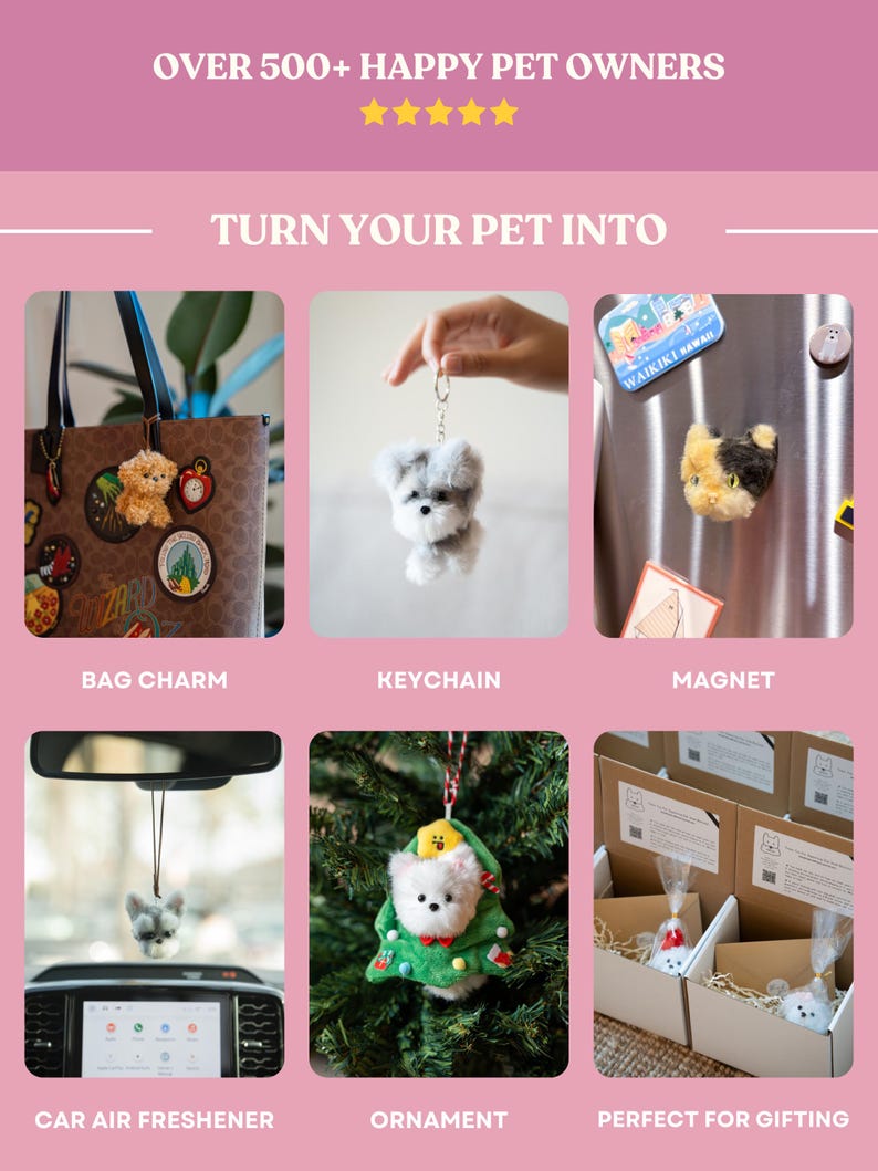 May include: An advertisement showcasing various pet-themed products. Featured items include a bag charm, keychain, magnet, car air freshener, and ornament. The products are small, plush animal figures, perfect for gifting.