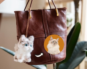 May include: A dark brown leather bucket bag with thin handles and gold-tone hardware. A small, fluffy, white and grey cat-shaped plush charm hangs from a leather cord. A circular graphic shows a photo of a long-haired cat on an orange background.