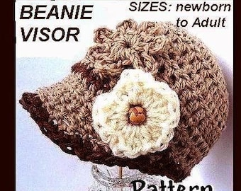 Patrón de ganchillo - Ashton Beanie Visor Newsboy Hat -PDF 74 - todos los tamaños de bebé a adulto DESCARGA INSTANTE