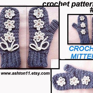 INSTANT DOWNLOAD Crochet Pattern PDF 190 Crochet Mittens Pattern all sizes Grey Mittens with Cream Flowers image 1