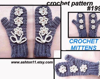 INSTANT DOWNLOAD Crochet Pattern PDF 190 Crochet Mittens Pattern -all sizes  Grey Mittens with Cream Flowers