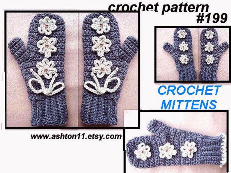 INSTANT DOWNLOAD Crochet Pattern PDF 190 Crochet Mittens Pattern all sizes Grey Mittens with Cream Flowers image 1