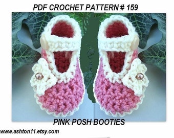 INSTANT DOWNLOAD Crochet Pattern PDF 159 - Pink Posh booties in 3 Sizes -Newborn, 3 months and 6 months