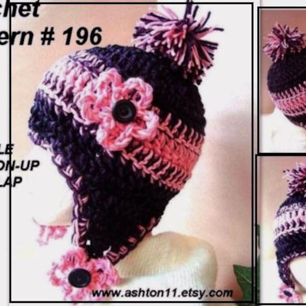 INSTANT DOWNLOAD Crochet Pattern - earflap hat -  PDF 196 - Button Up - Crochet Pattern.  Pink and Purple  make it in sizes age 5 to adult