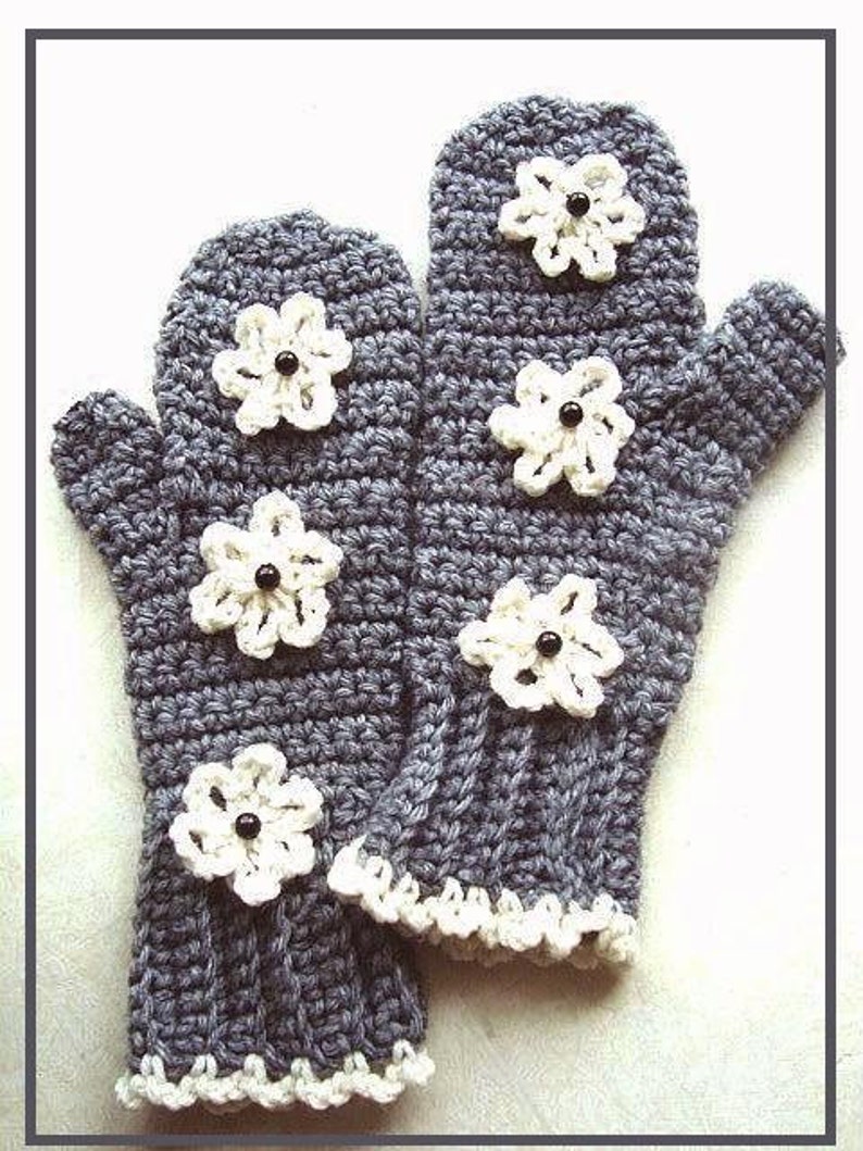 INSTANT DOWNLOAD Crochet Pattern PDF 190 Crochet Mittens Pattern all sizes Grey Mittens with Cream Flowers image 2