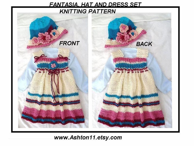 KNITTING PATTERN Hat and Dress Set Fantasia Beginner Knit baby girl dress Newborn to 6 yrs image 1