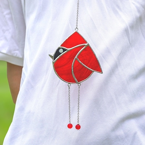 Cardinal Stained Glass Window Hangings - Handmade Red Glass Suncatcher, Memorial Cardinal Ornament Gift