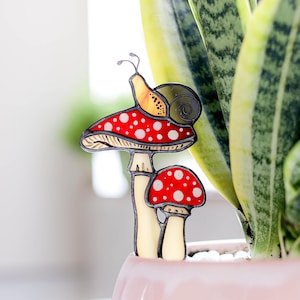 Stained Glass Mushroom with Snail - Handmade Plant Stake, Mushroom Suncatcher, Kitchen or Garden Decor