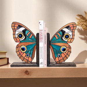 Stained Glass Buckeye Butterfly Bookends – Unique Book Lover Gift, Handmade Glass Art Decor, Butterfly Shelf Accent for Readers & Libraries