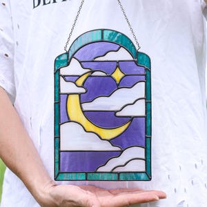 Stained Glass Moon Suncatcher - Crescent Moon Window Suncatcher, Stained Glass Moon Panel, Celestial Stained Glass Decor