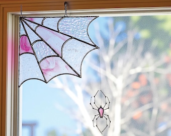 Spider Web Stained Glass Window Corner, Gothic Home Decor, Spooky Door Hanger Suncatcher, Dark Academia Aesthetic